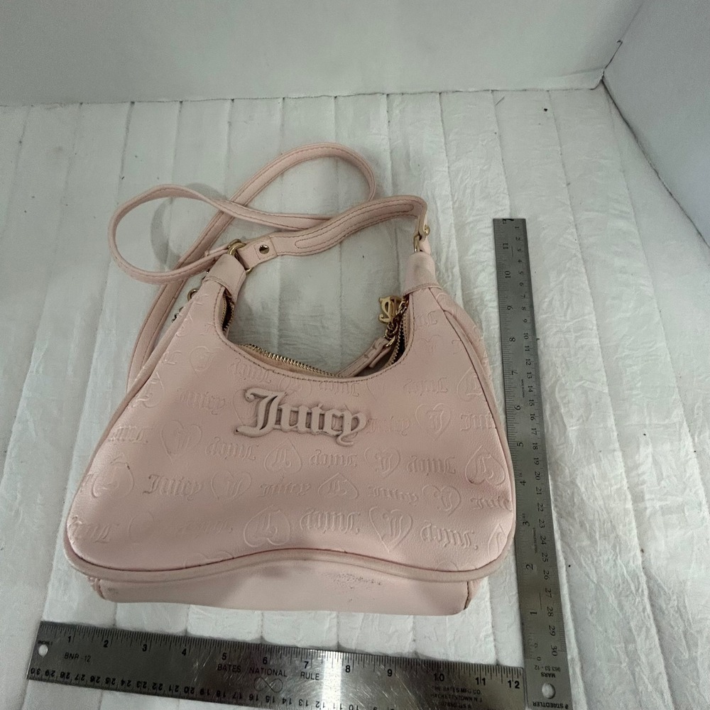 Juicy Couture Pink Debossed Heart Logo Faux Leather Shoulder Bag Y2K Satchel